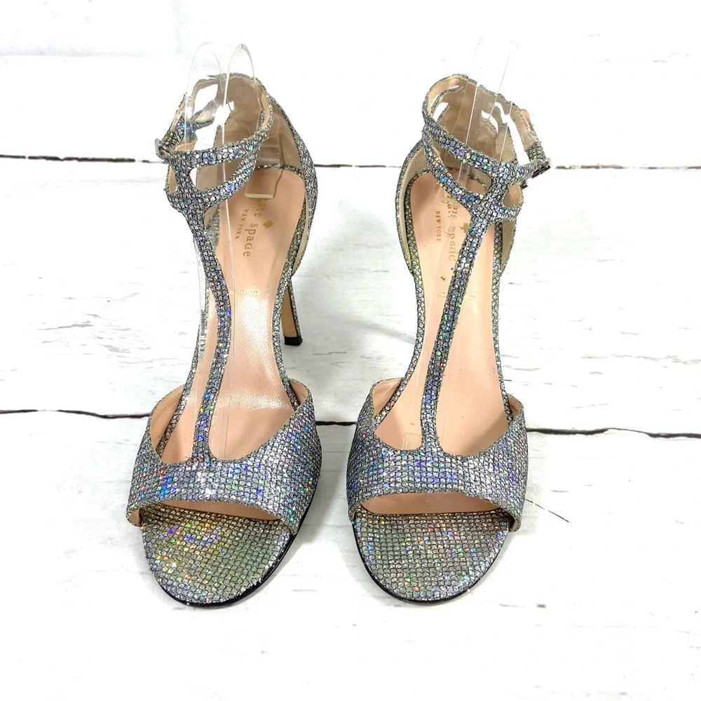 Kate Spade New York Shoes Women’s 10M Silver Pumps T-Strap Glitter Ankle‎ Strap